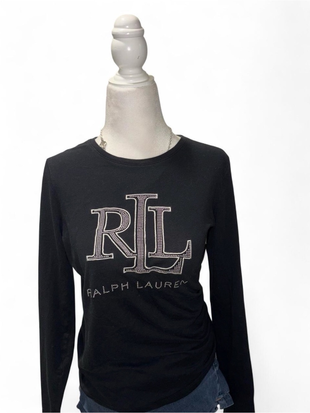 Ralph Lauren Black Long Sleeve Tee with Rhinestone RL Logo